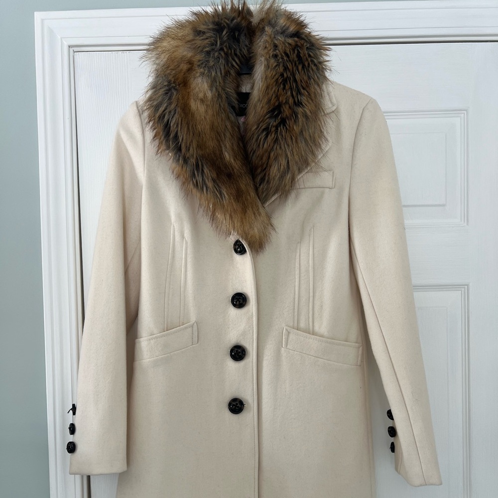 Moda International Cream Trench Coat with Faux Fur Collar